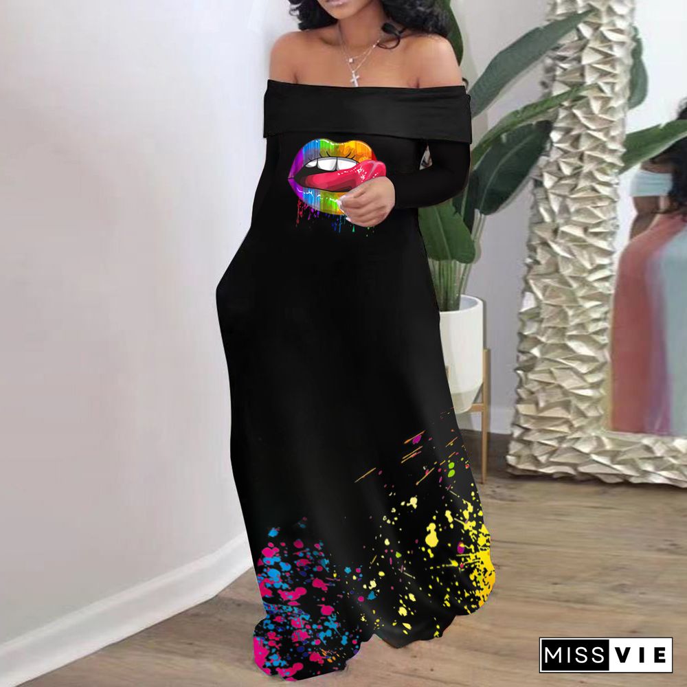 Rainbow Lip Print Off The Shoulder Slash Neck Maxi Dress