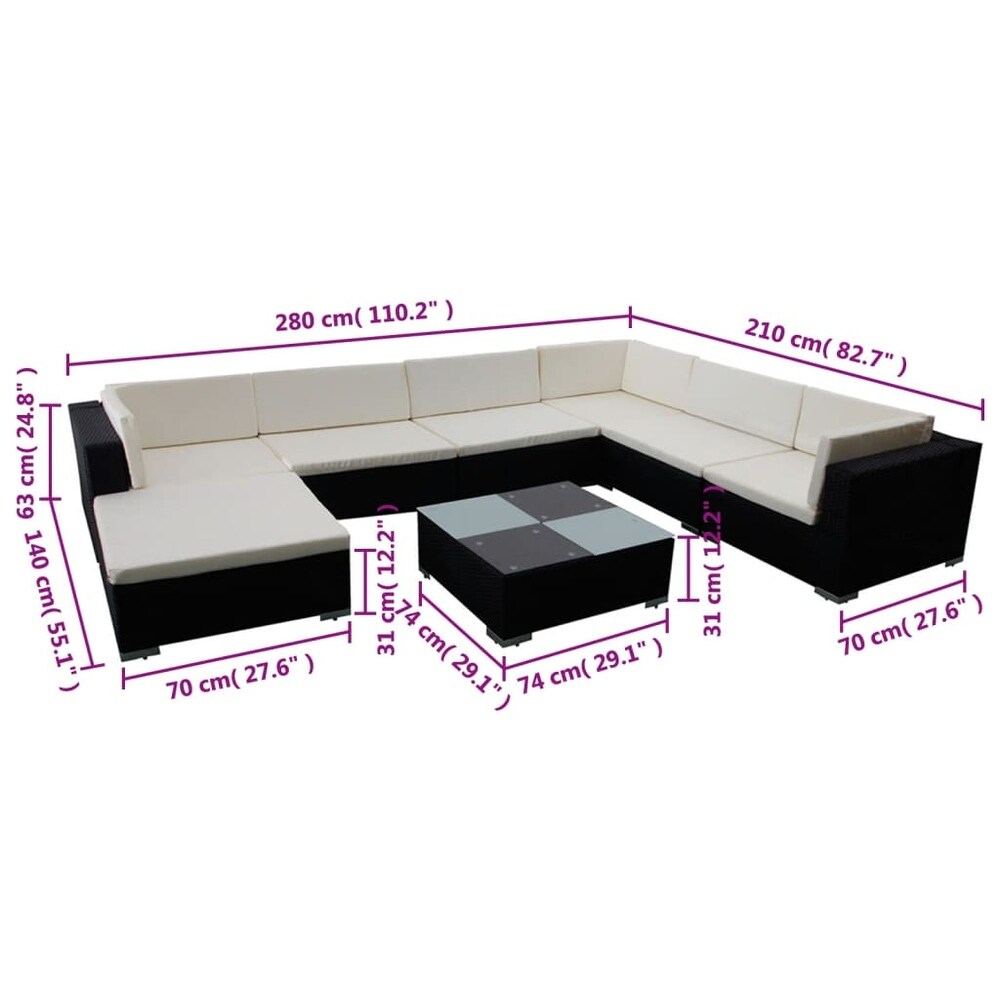 vidaXL 8 Piece Patio Lounge Set with Cushions Poly Rattan Black   28\