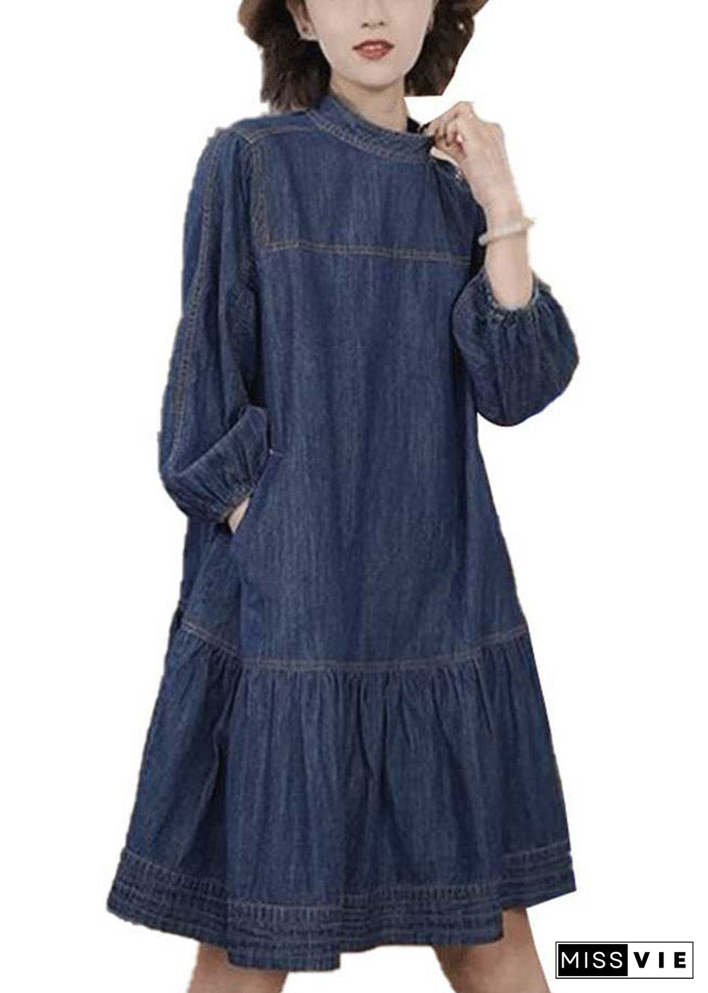 Plus Size Blue Patchwork Wrinkled Denim Mid Dresses Long Sleeve