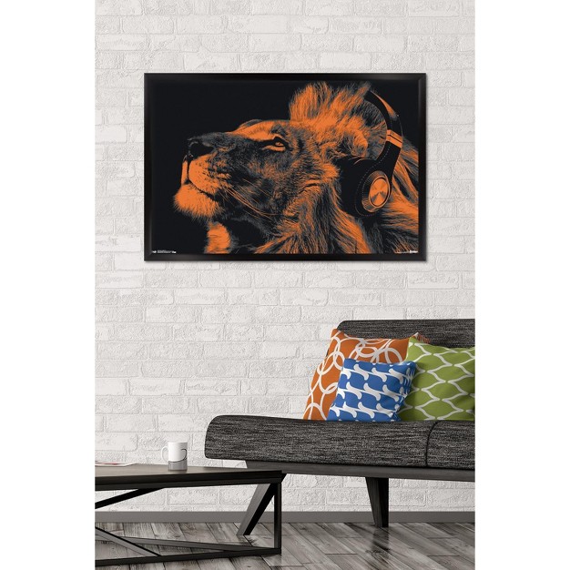 Trends International Lion With Headphones Framed Wall Poster Prints