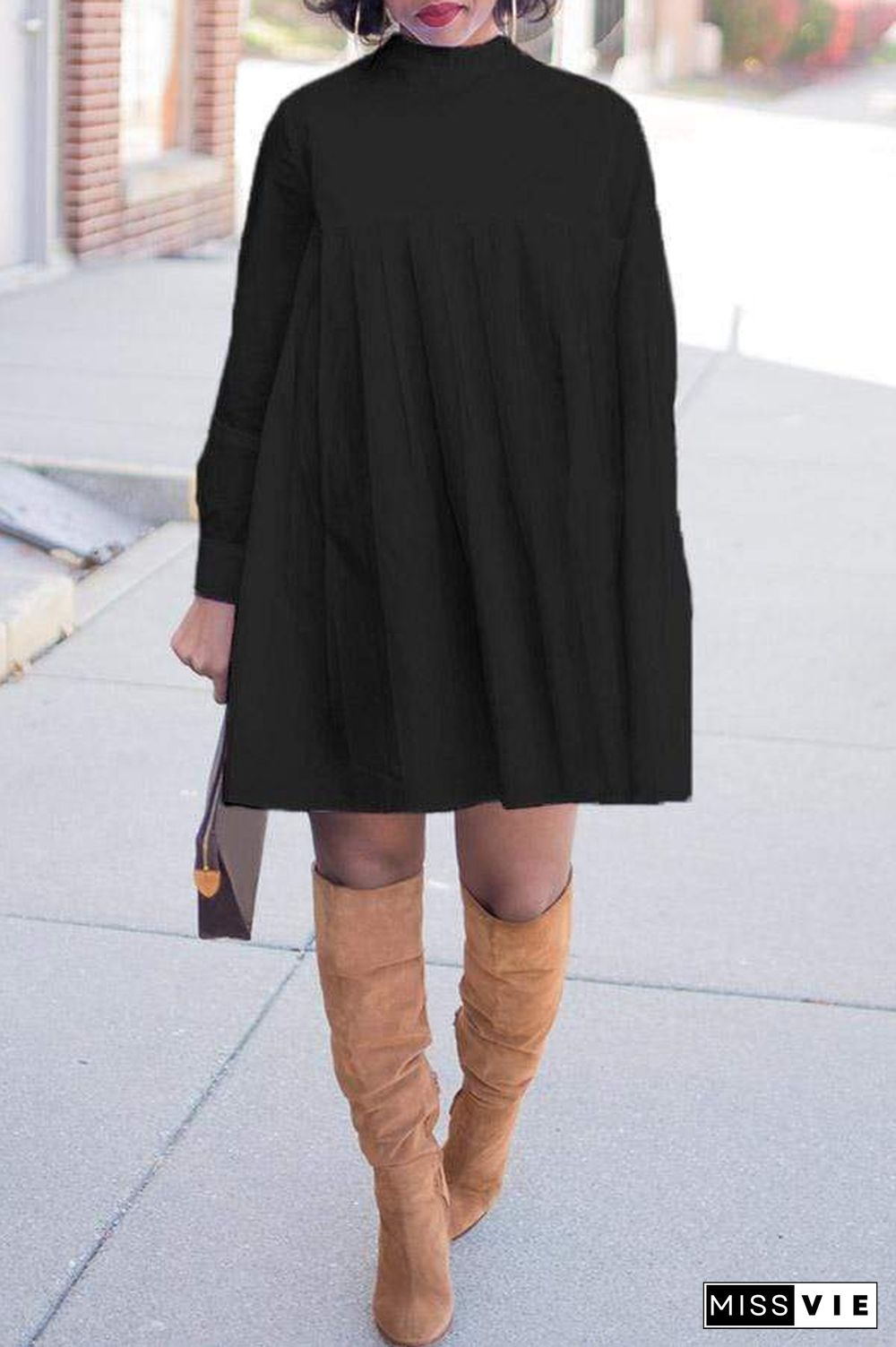 Hot Style Long Sleeves Round Neck Loose Pleated Dress