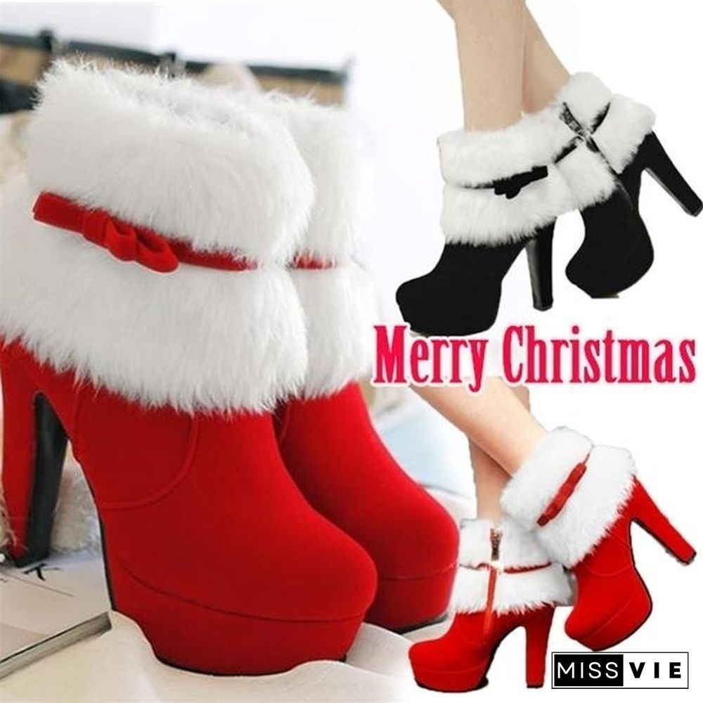 Women Winter Red Black High Heel Ankle Boots Booties For Casual Walking Party Christmas Dress Plus Size 34-43