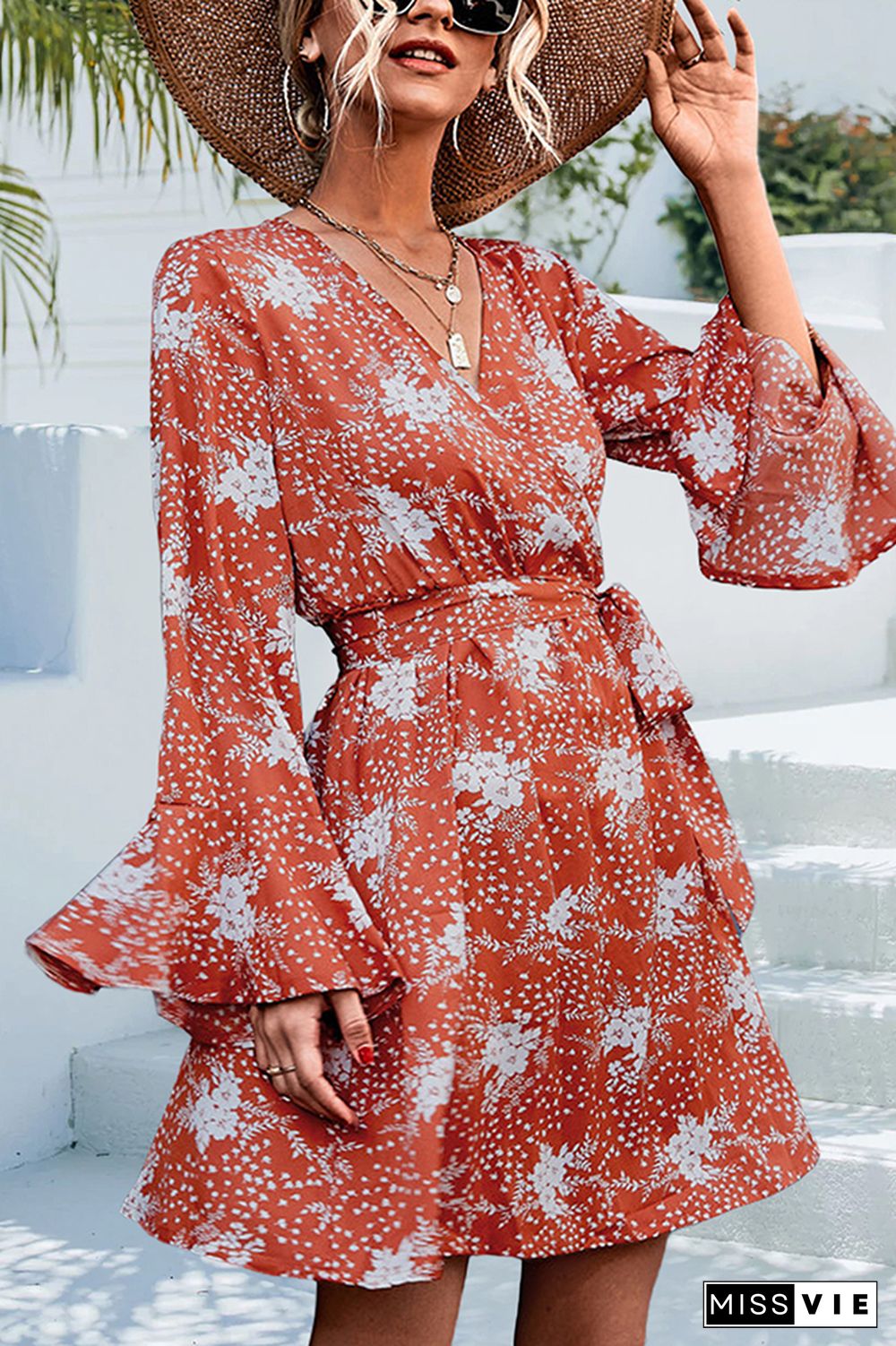 V Neck Wrap Flare Sleeves Floral Print Dress