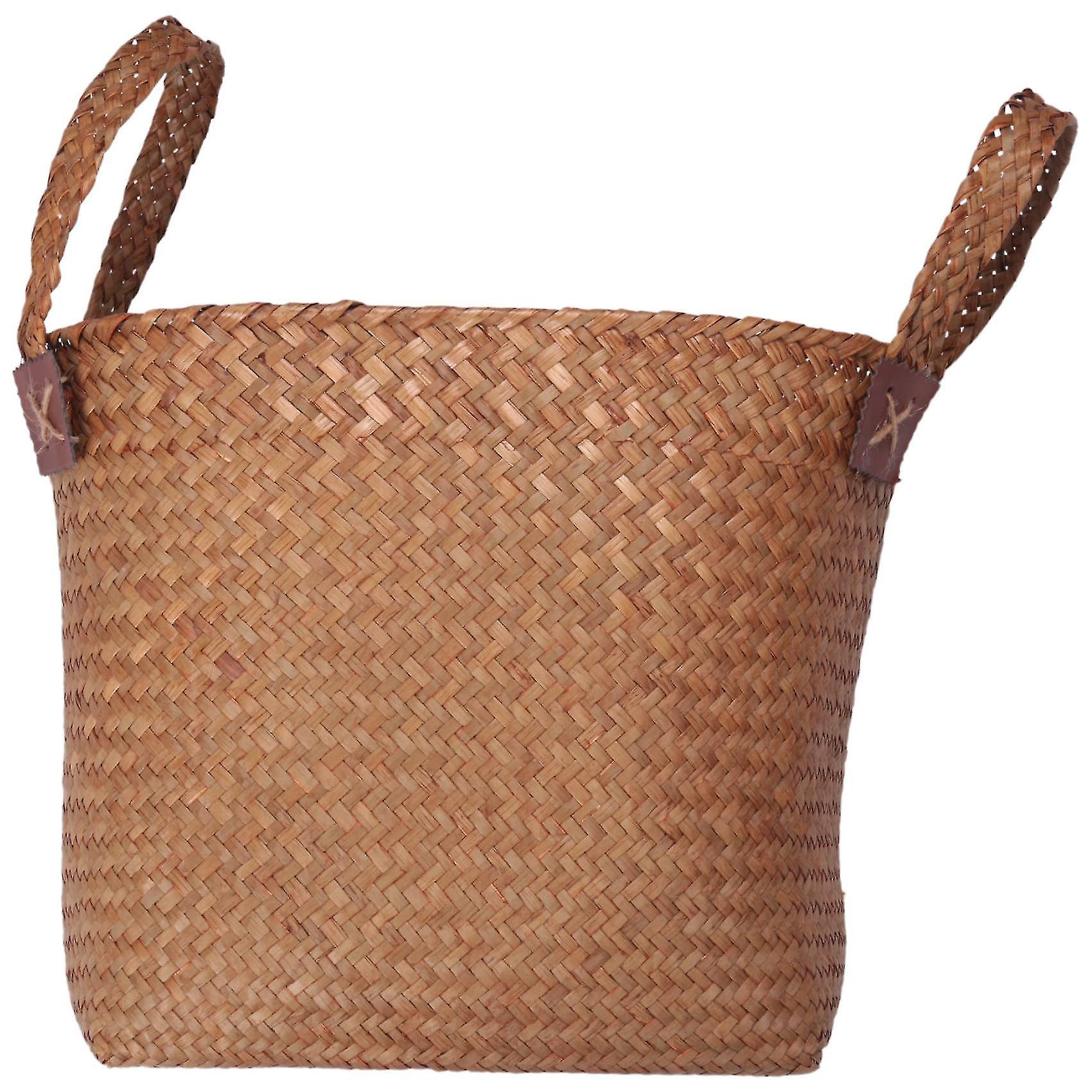 Natural Round Straw Basket Bin Handmade With Handgrip Orange 33x21x26cm