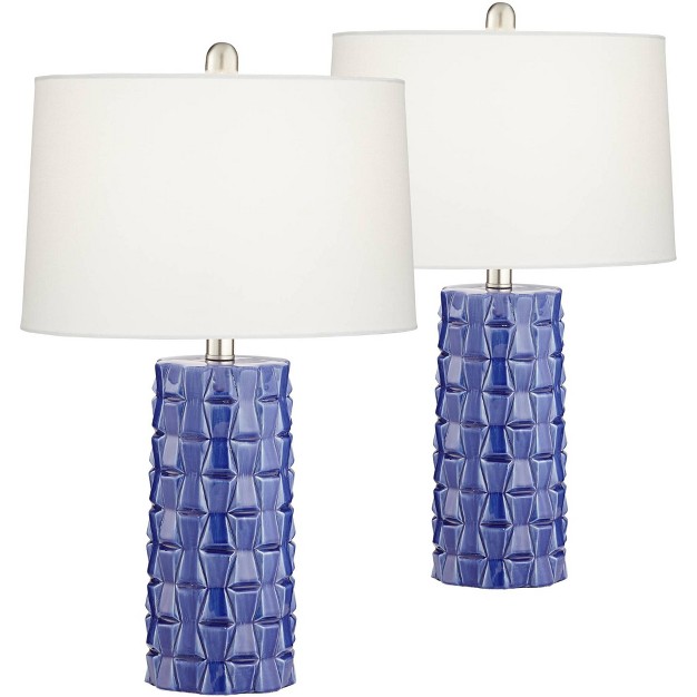 High Column Mid Century Modern Table Lamps Set Of 2 Blue Ceramic White Shade Living Room Bedroom Bedside Nightstand House