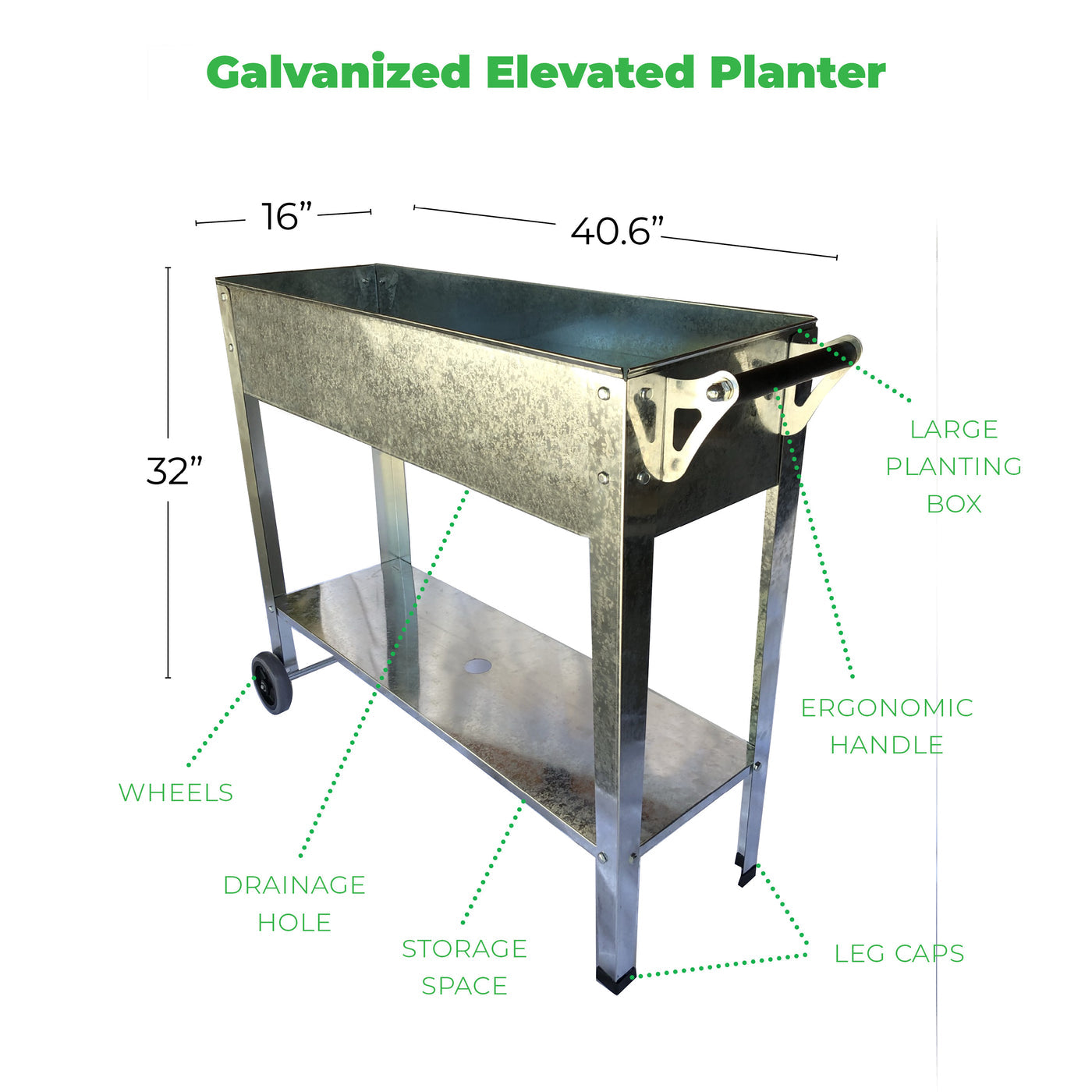 Backyard Expressions Raised Garden Planter Cart w/ Legs | Galvanized Steel 41" X 16"(Bed) 32"(Tall)