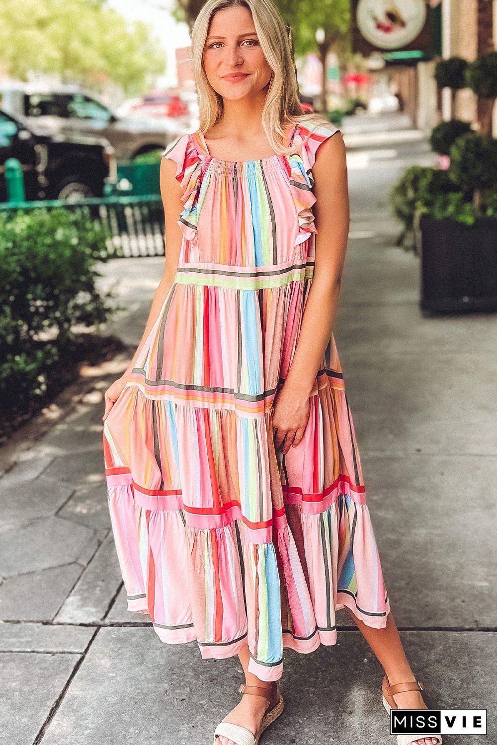 Pink Rainbow Stripe Ruffles Ruched Tiered Dress