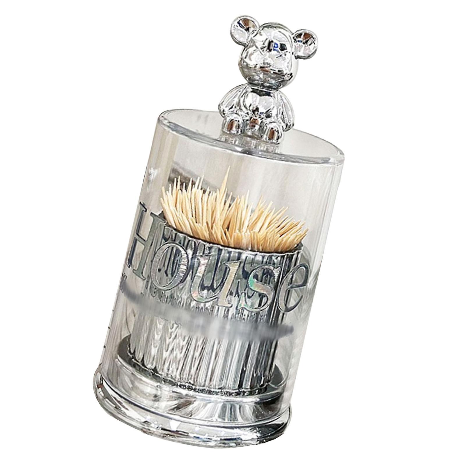 Cute Bear Toothpick Holder Crystal Clear Cotton Swab Container Storage Box Canister Jar with Lid Silver