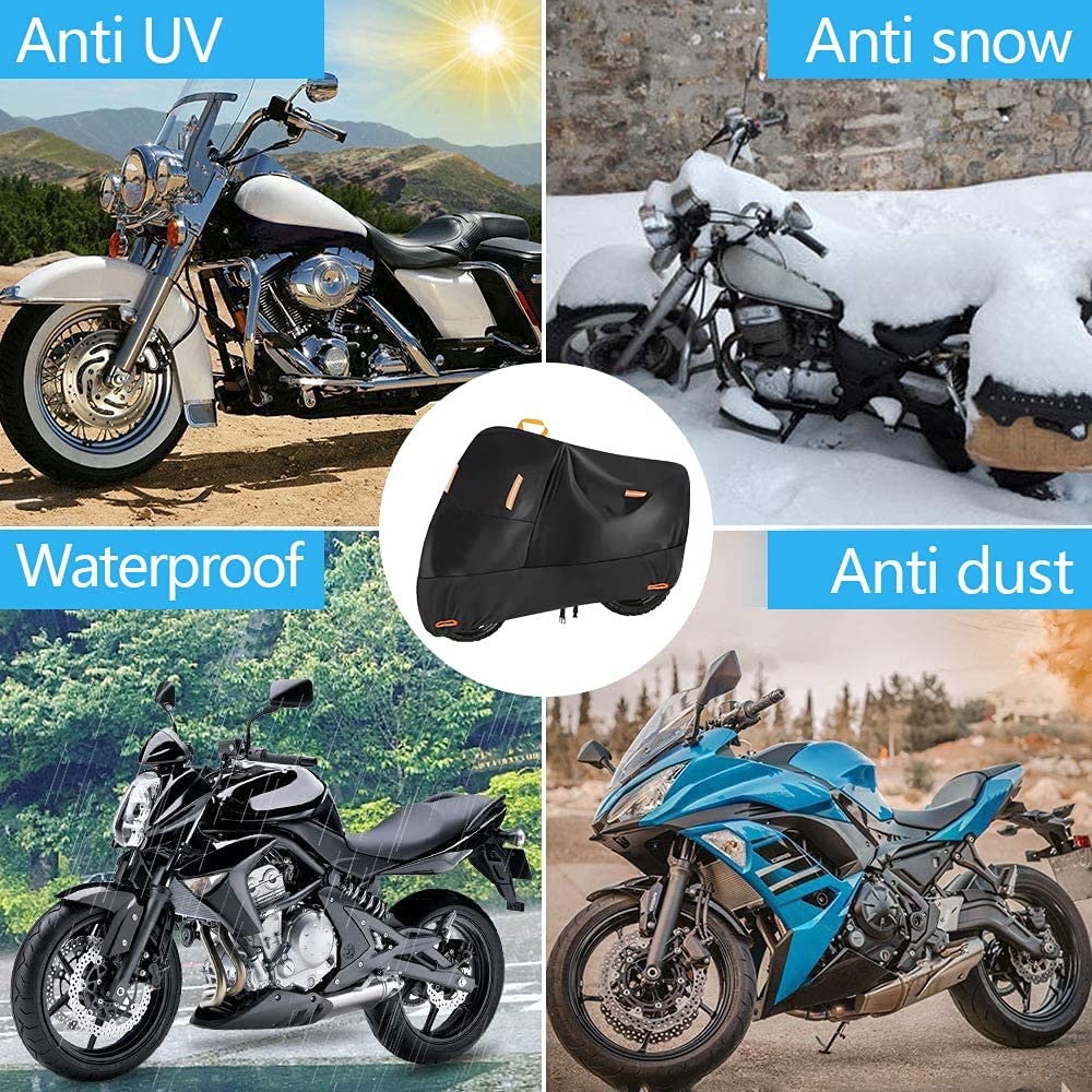 300D Heavy Duty Motorcycle Cover， Seceles All Season Durable Waterproof Outdoor Protection Scooter Cover with 4 Reflective Strips Lock-Holes Storage Bag Fits up to 96.5