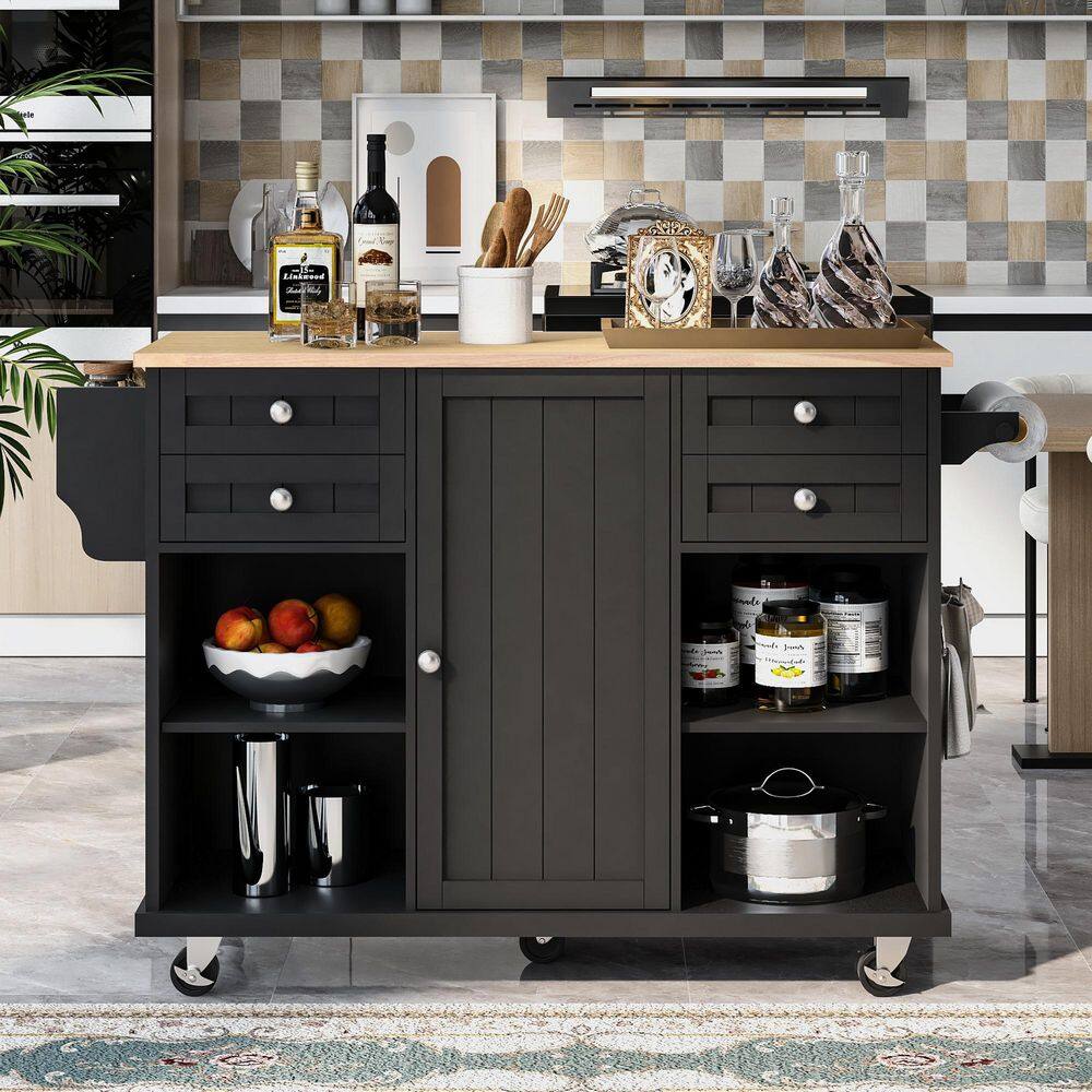 kitchen Island Cart with Spice Rac Towel Rack Drawer Rubber Wood Desktop 5 Wheels Including 4 Lockable Wheels In Black KITCHENBLACK07