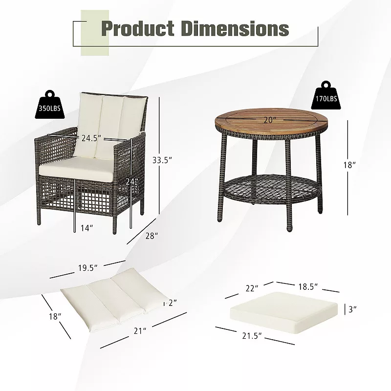 3 Pieces Patio Rattan Furniture Set with Cushioned Sofas and Wood Table Top-White