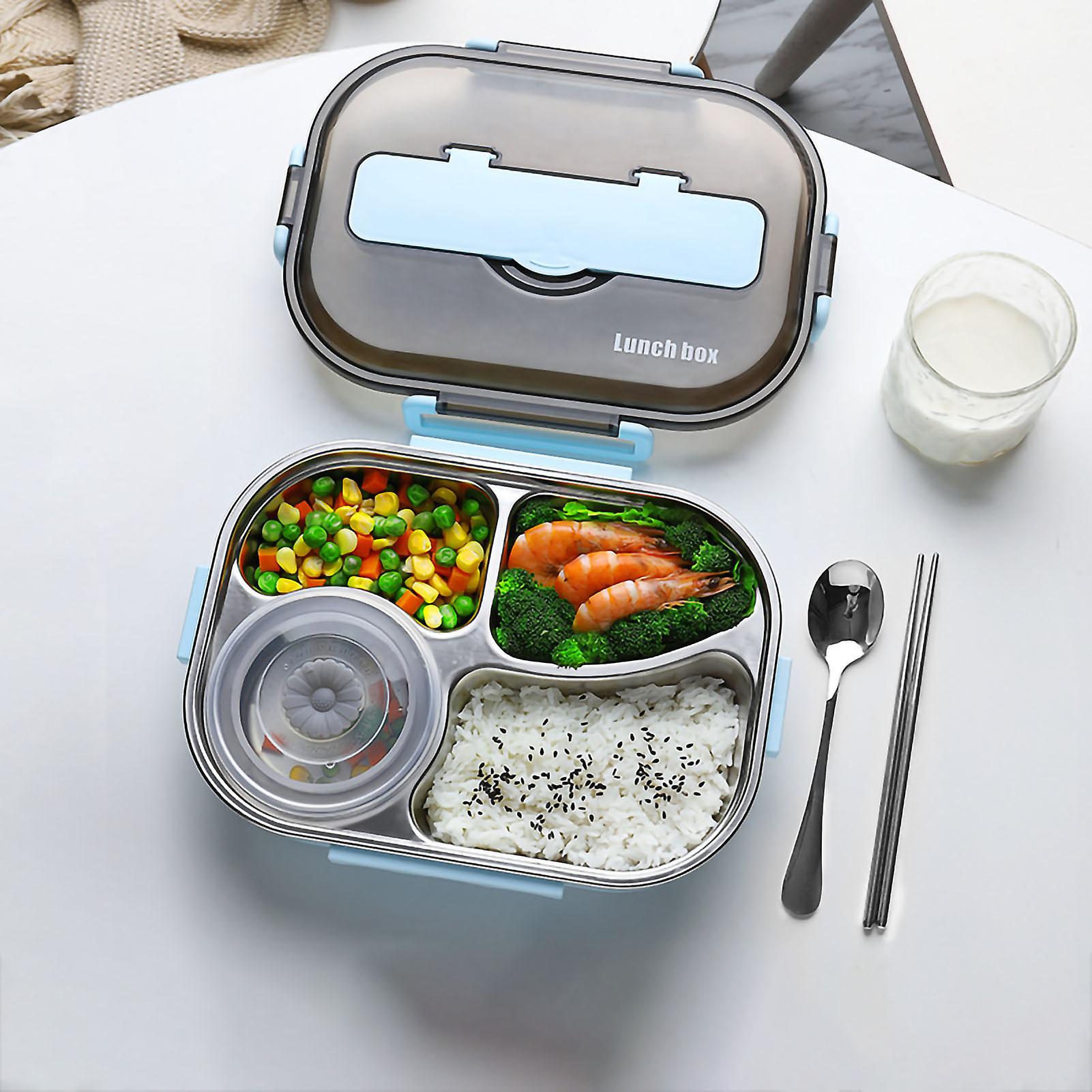 Bento Lunch Box Food Storage Container Stainless Steel 4 Compartments Portable Leakproof for Office School Travel Light Blue