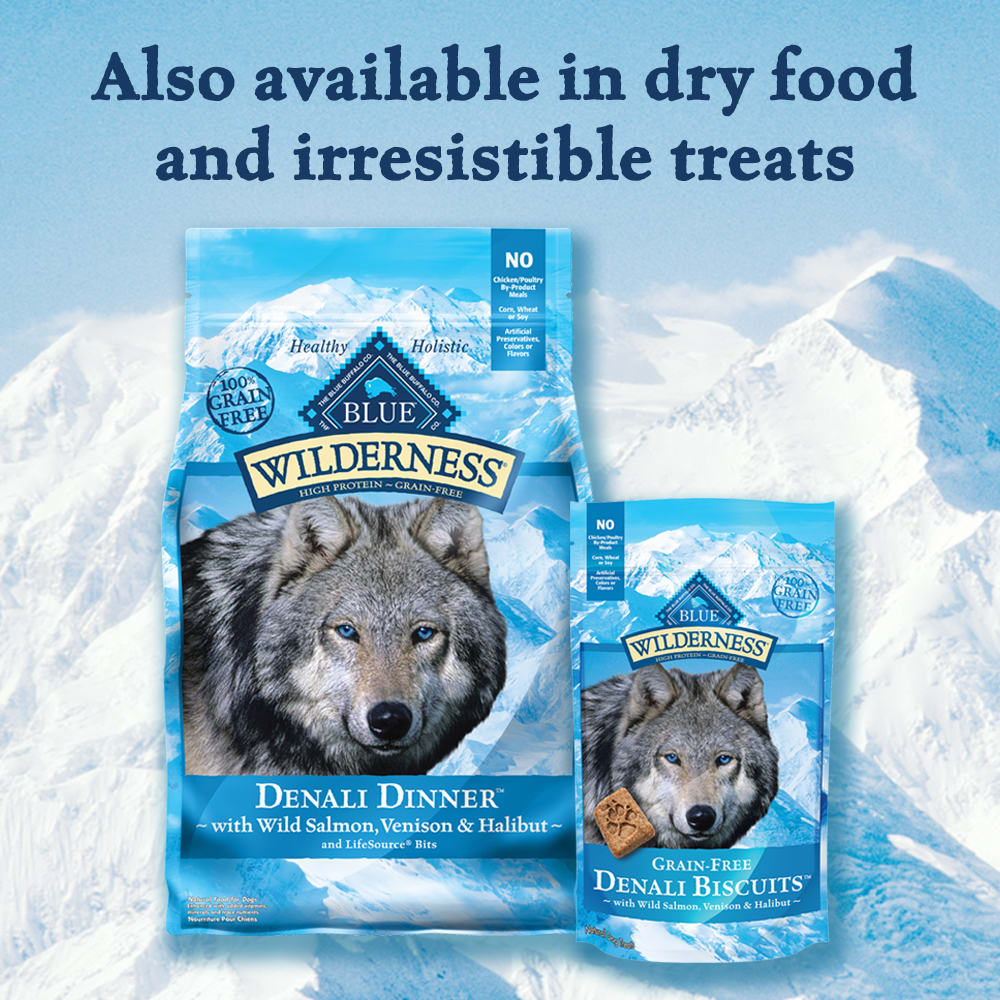 Blue Buffalo Blue Wilderness Denali Dinner with Wild Salmon Venison  Halibut Canned Dog Food， 12.5 oz.， Case of 12