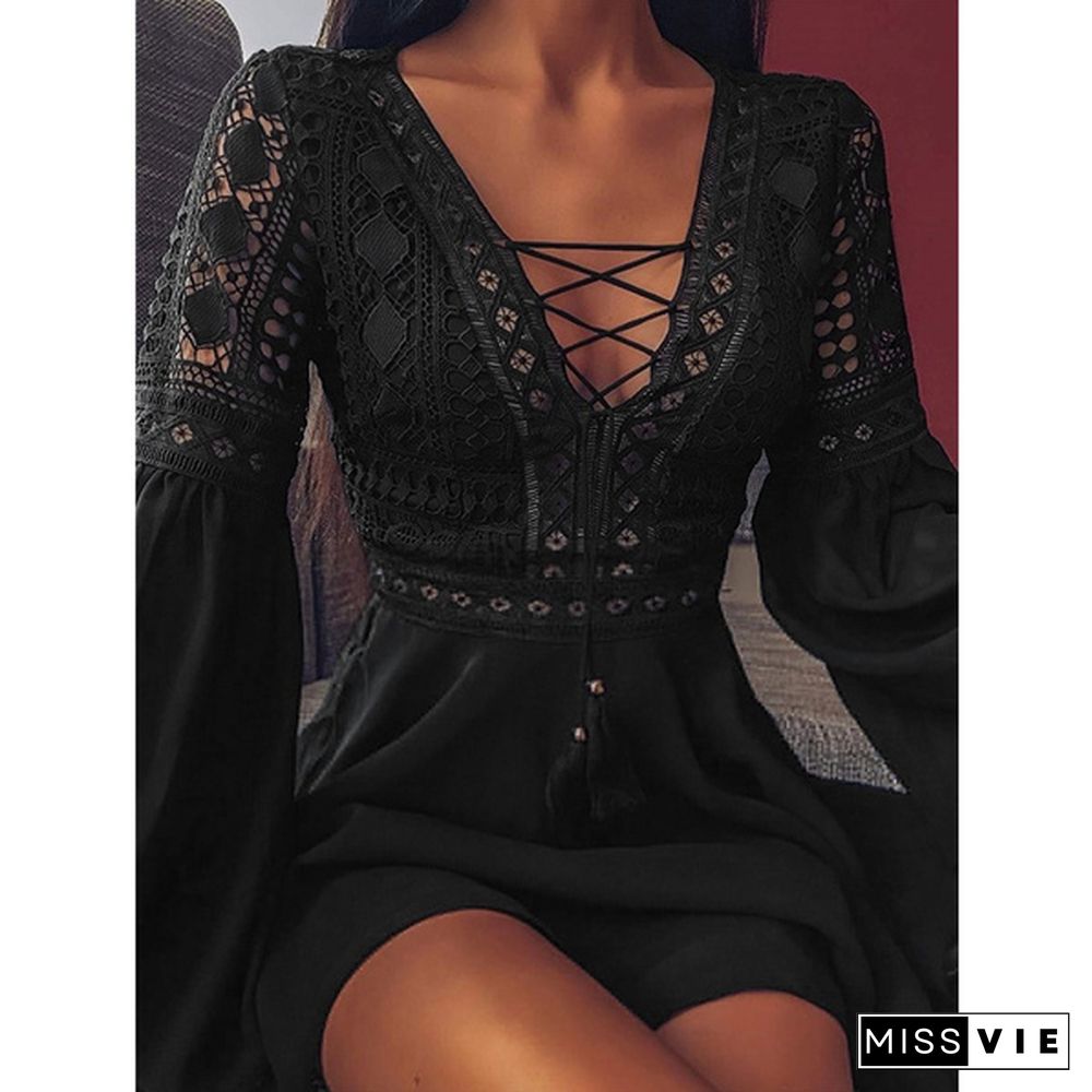 Womens Fashion Mini Dress Lace Stitching Lantern Long Sleeve V Neck Lace Up Evening Party Casual Pleated Short Dress Plus Size