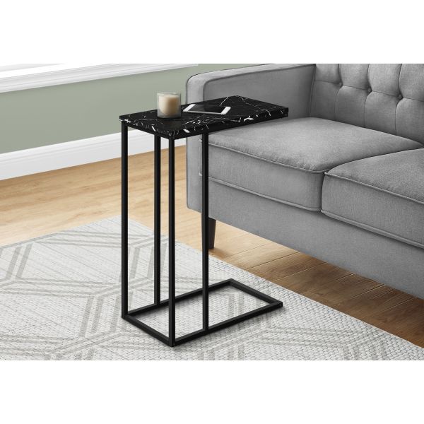 Accent Table， C-shaped， End， Side， Snack， Living Room， Bedroom， Black Marble Look Laminate， Black Metal， Contemporary， Modern