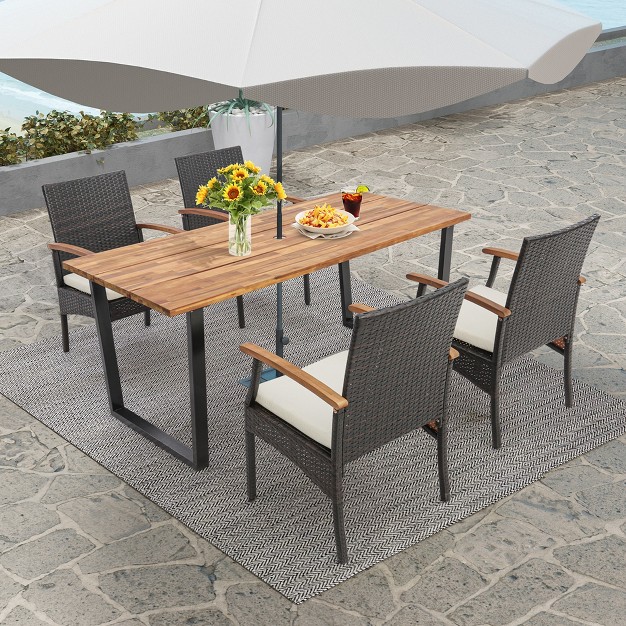 Costway 5 Pcs Patio Rattan Dining Set Acacia Wood Table 4 Wicker Chairs With Umbrella Hole