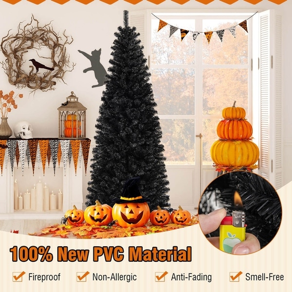 Costway 7ft Prelit PVC Christmas Halloween Pencil Tree Black with 350