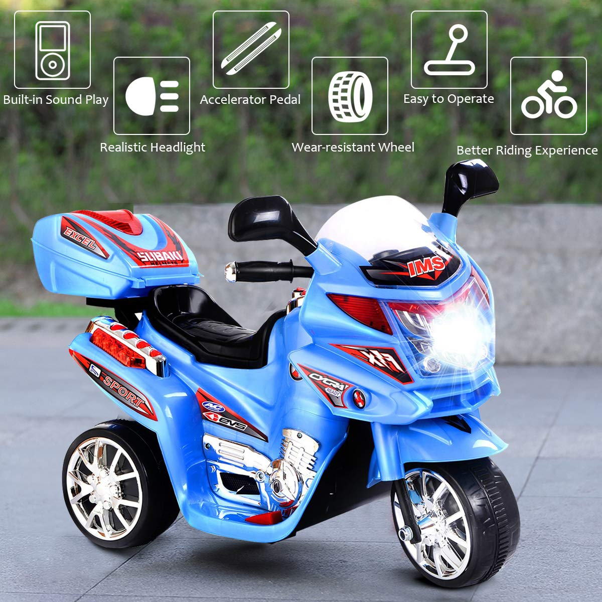 Costzon Ride On Motorcycle, 6V Battery Powered 3 Wheels Electric Bicycle, Ride On Vehicle with Music, Horn, Headlights