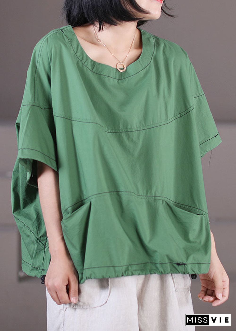 Green Pockets Cotton Tank Tops O-Neck Drawstring Short Sleeve