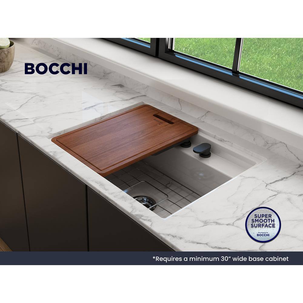 BOCCHI Baveno Uno White Fireclay 27 in. Single Bowl UndermountDrop-In 2-hole Kitchen Sink wIntegrated WS and Acc. 1633-001-0132