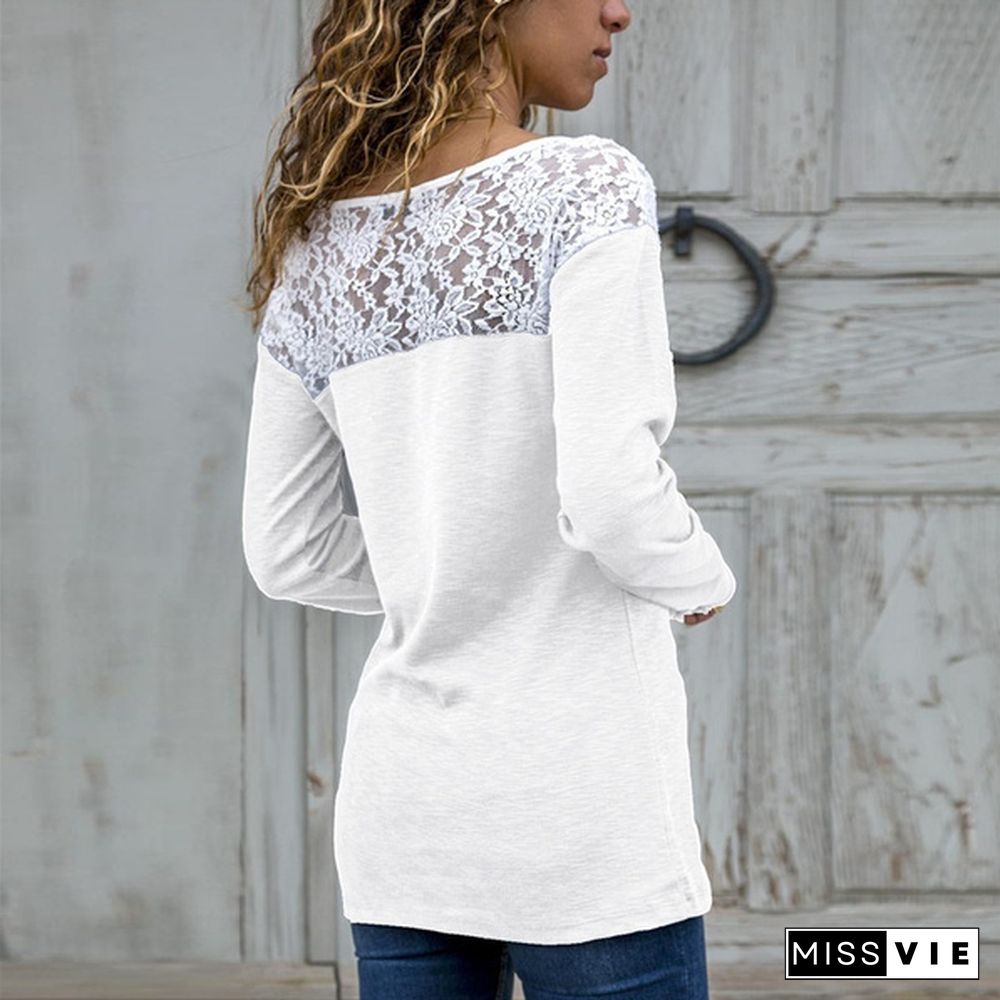 Women Round Neck Ladies Fashion Casual Long Sleeves Tops Sexy Lace Pullover Plus Size T-Shirt Solid Color Loose Top Cotton Blouse