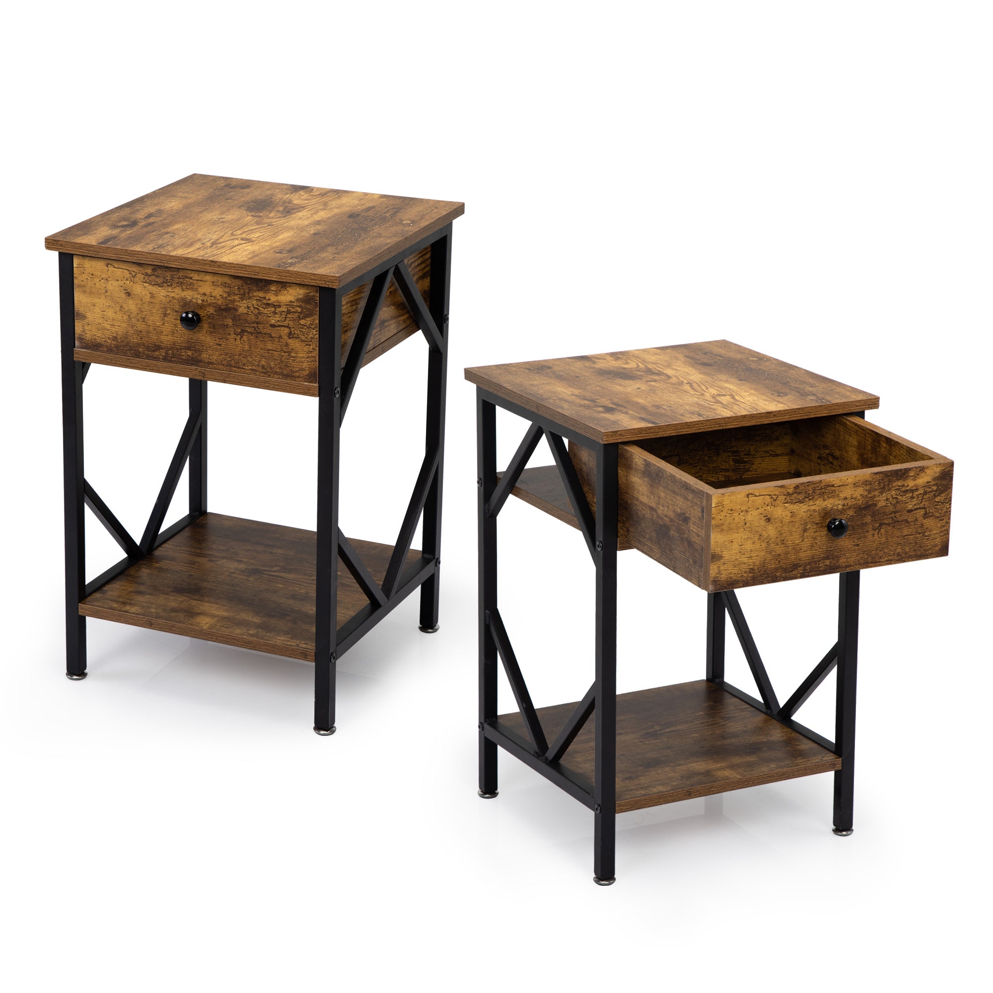 LOAOL Set of 2 Side Table, Wood Industrial Nightstands, Brown