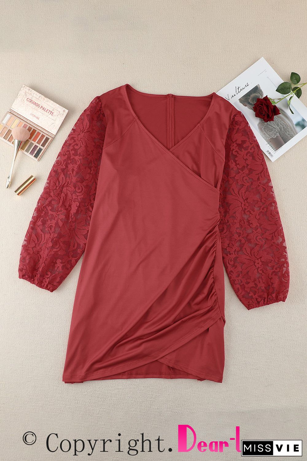 Red Surplice Neckline Floral Puff Sleeves Plus Size Dress