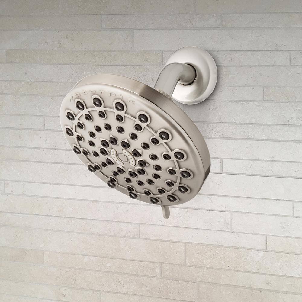 Waterpik 6-Spray 6 in. Single Wall Mount Low Flow Fixed Rain Shower Head in Brushed Nickel XMD-639T