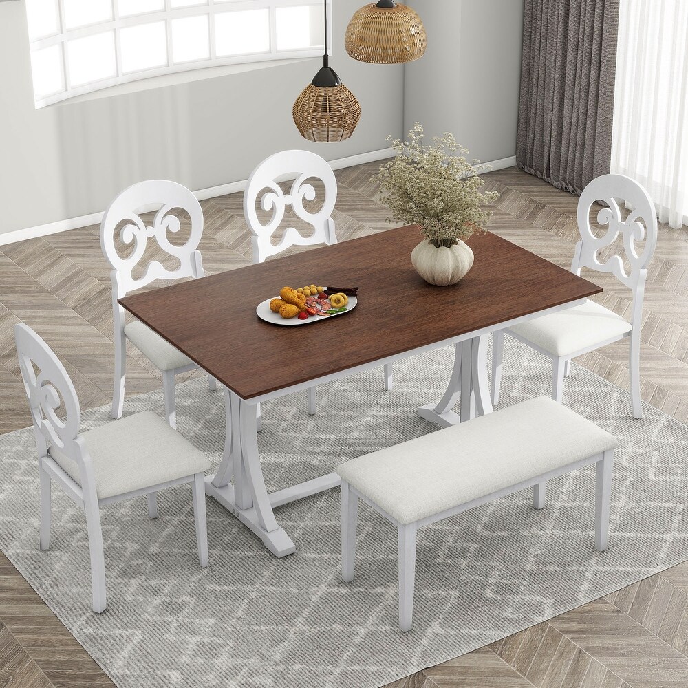 6 Piece Dining Table Set w/Upholstered Chairs   Bench  White