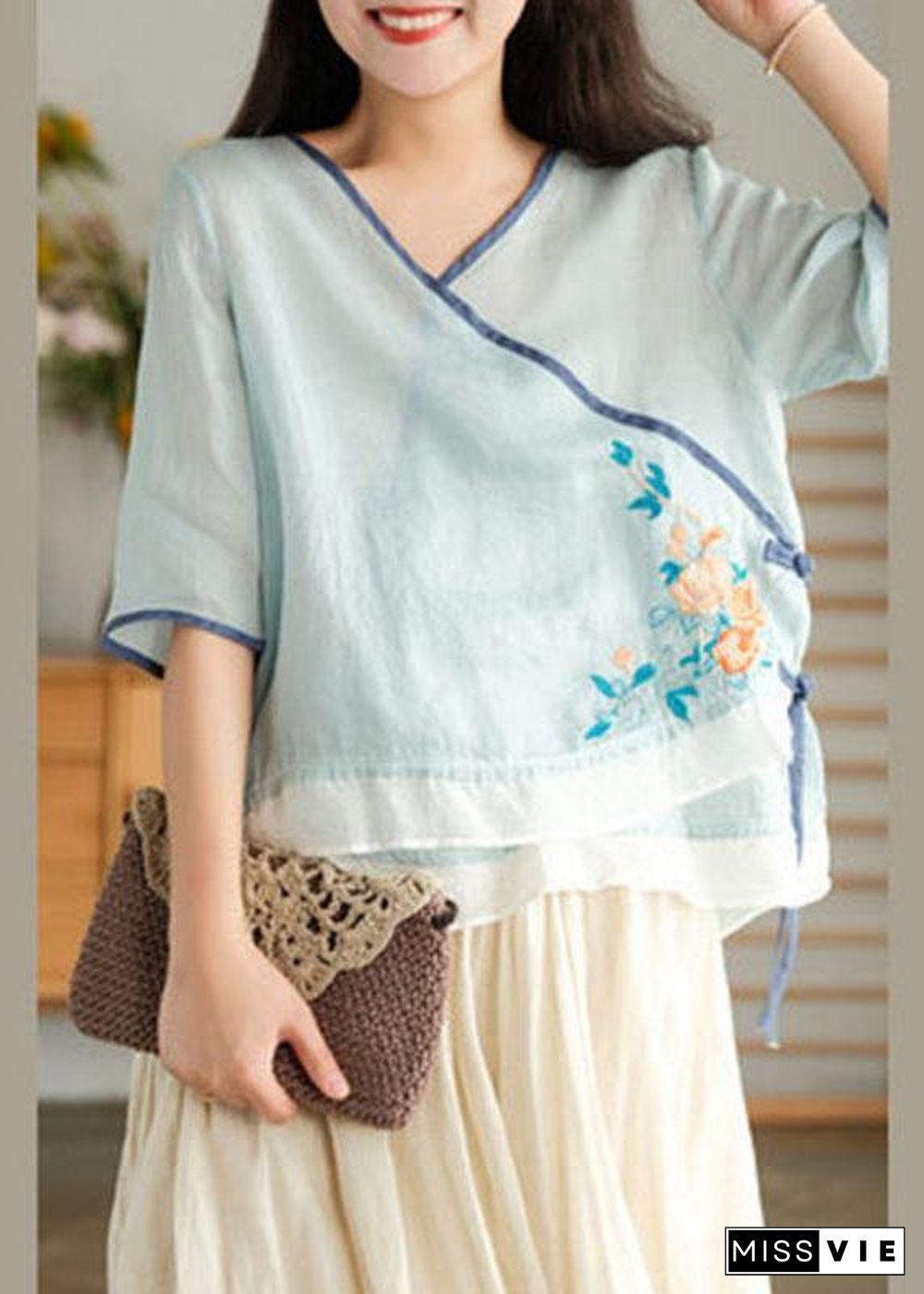 Style Yellow Embroideried Asymmetrical design Ramie Summer Blouses