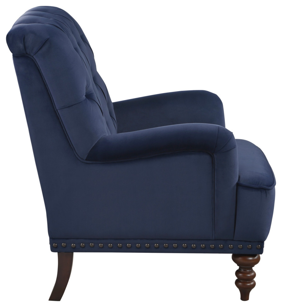 Parry 34 quotTufted Accent Chair  Blue Velvet Fabric  Brown Turned Legs   Traditional   Armchairs And Accent Chairs   by VirVentures  Houzz