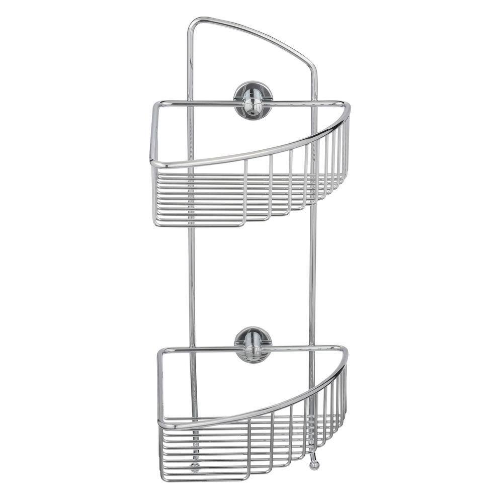 No Drilling Required Draad Rustproof Solid Brass Shower Caddy 16 in. Double Shelf Corner Mount with Hook in Chrome DK210-CHR