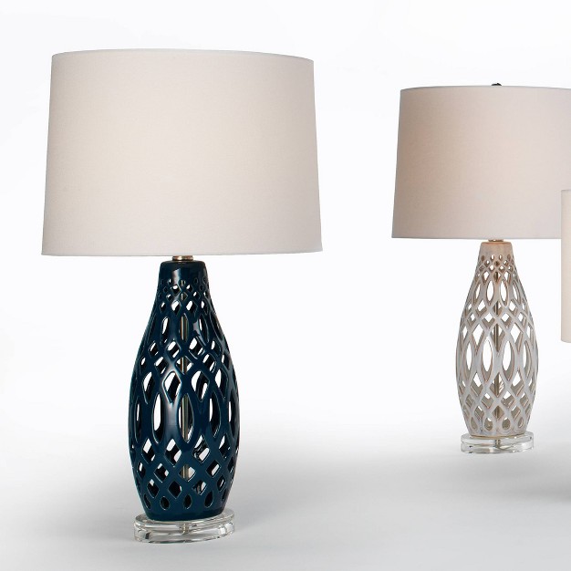 Filigree Ceramic Table Lamp With Cone Linen Shade Blue Splendor Home