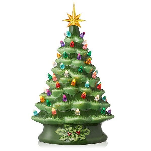 15 Hand Painted Ceramic Christmas Tree，Green PreLit Tree with Star