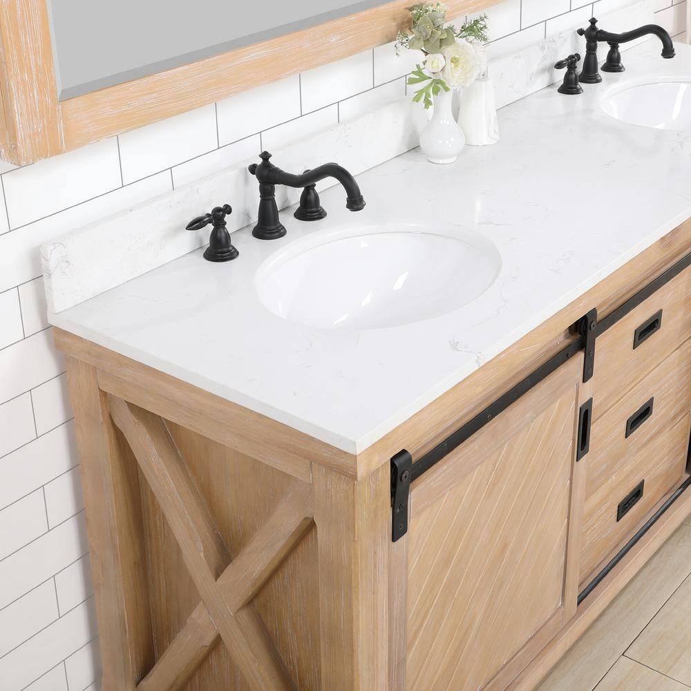 ROSWELL Cortes 72 in. W x 22 in. D x 33.9 in. H Double Sink Bath Vanity in Weathered Pine with White Composite Counter Top 801772-WP-WSN