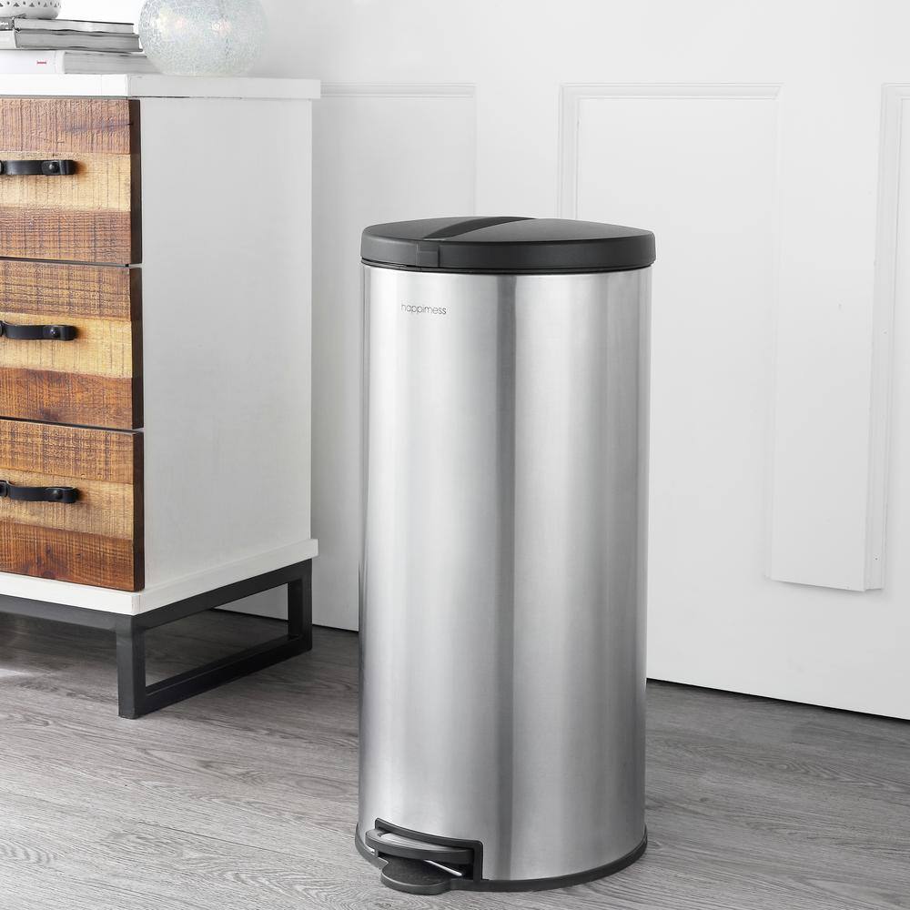 happimess Oscar Round 8 Gal. Stainless Steel Black Step-Open Trash Can with Free Mini Trash Can HPM1003B