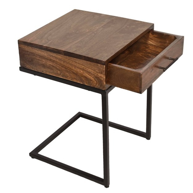 Mango Wood Side Table With Drawer And Cantilever Iron Base Brown black The Urban Port