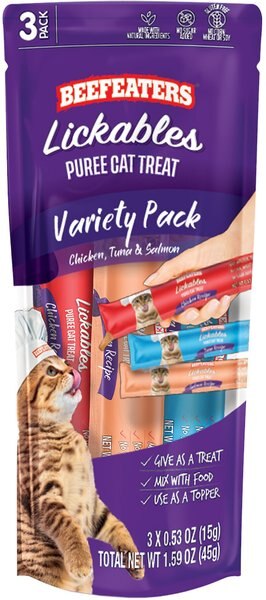 Beefeaters Lickables Puree Variety Pack Cat Treat， 1.59-oz bag， case of 12