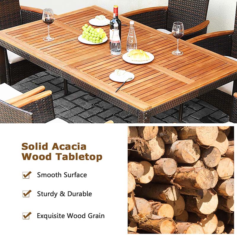 7 Pcs Rattan Patio Dining Set with Umbrella Hole, Acacia Wood Tabletop & Cushioned Stackable Armchairs