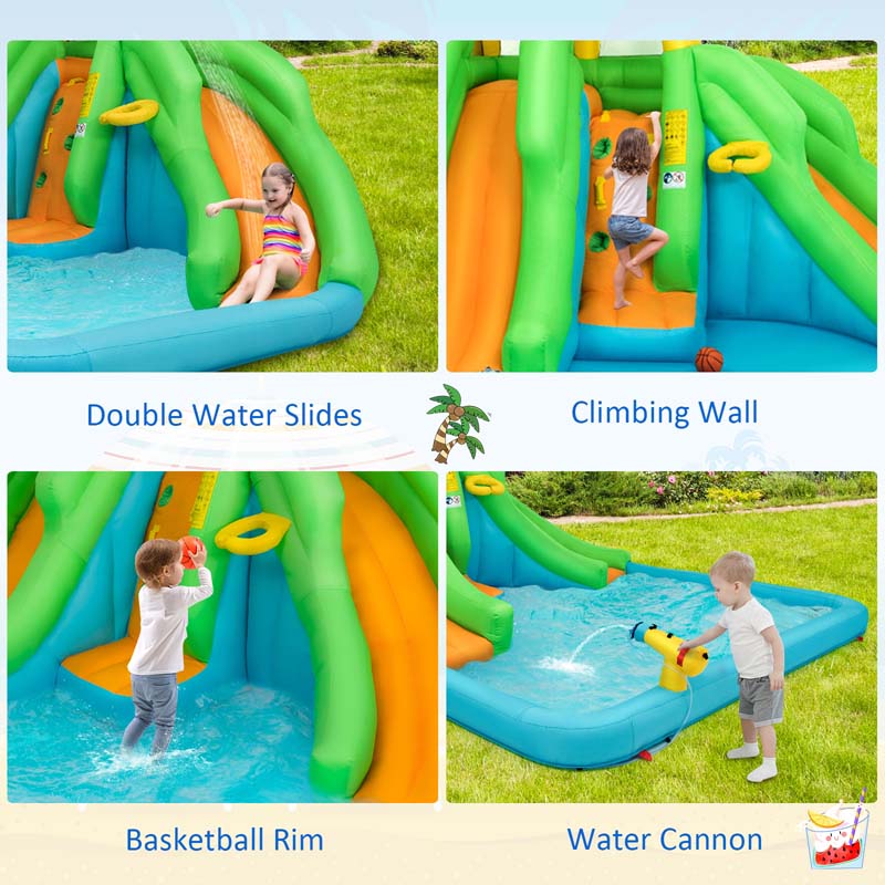 6-in-1 Kids Inflatable Bounce House Dual Slides Water Park with Climbing Wall, Splash Pool, Water Cannon, Air Blower