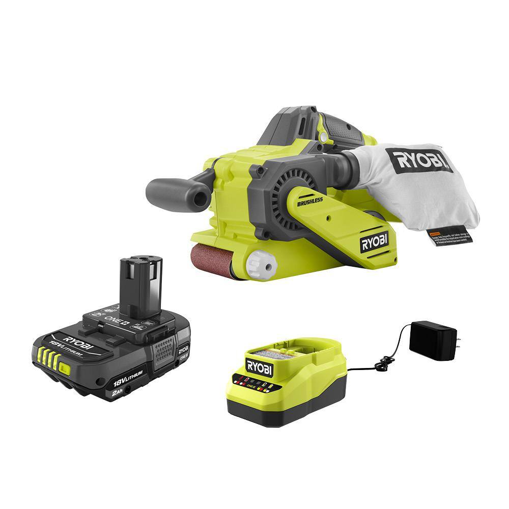 RYOBI ONE+ 18V Brushless Cordless 3 in. x 18 in. Belt Sander with Dust Bag 80-Grit Sanding Belt 2.0 Ah Battery and Charger P450-PSK005