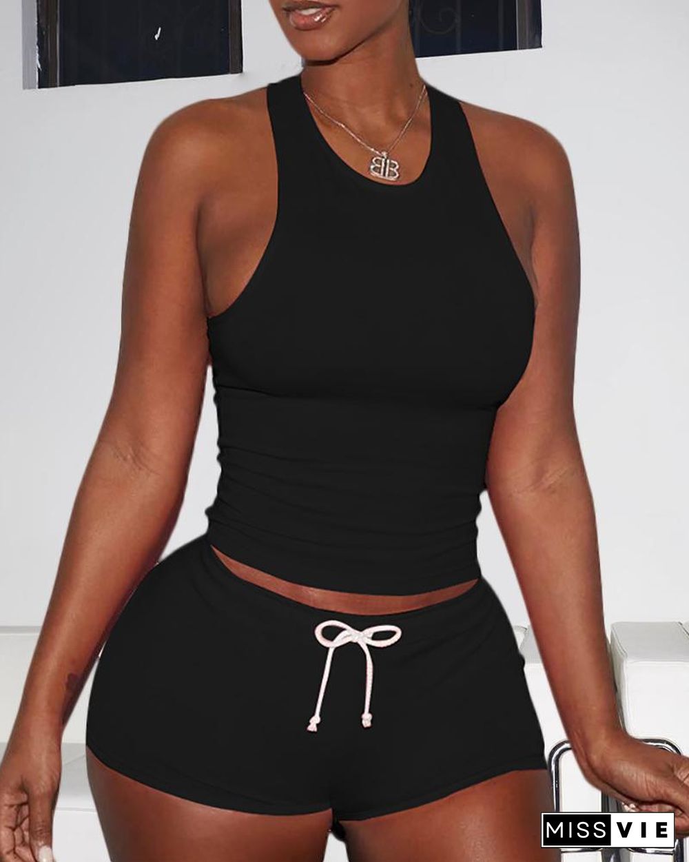 Sexy Solid Color Sporty Vest Shorts Set P14693