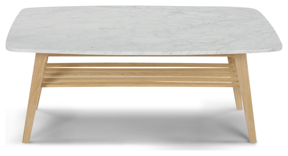 Laura 43 quotRectangular Italian Carrara White Marble Coffee Table With Oak Shelf   Transitional   Coffee Tables   by Homesquare  Houzz