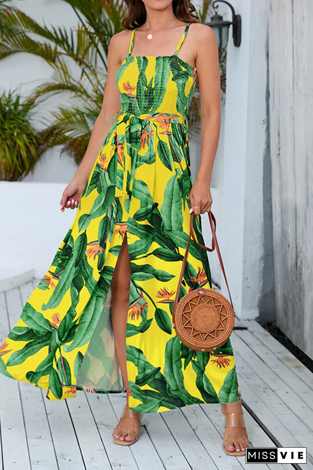 Tropical Print Smocked Top Spagetti Strap Maxi Dress