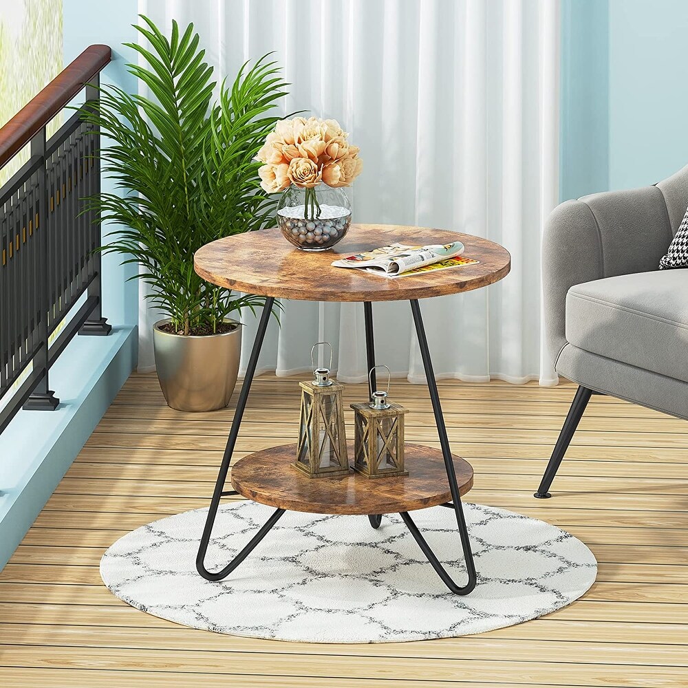 Round End Table  2 Tier Wood Sofa Side Table for Living Room Bedroom