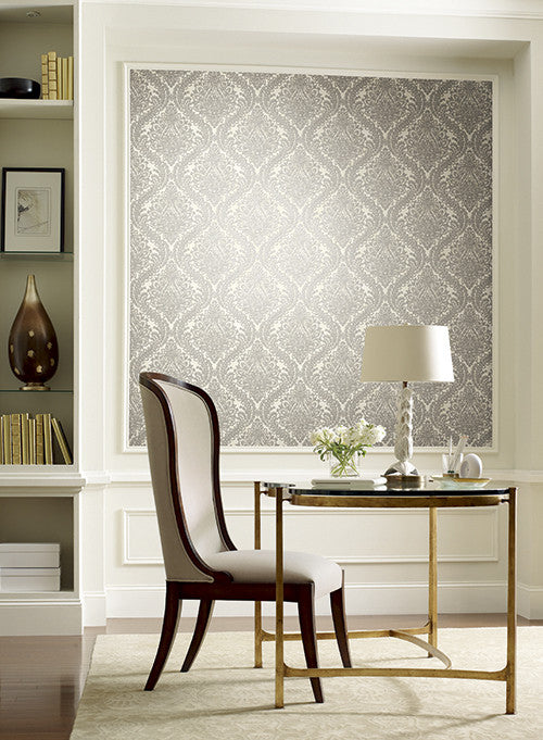 Tattersall Damask Wallpaper in Silver and Grey by Antonina Vella for York Wallcoverings