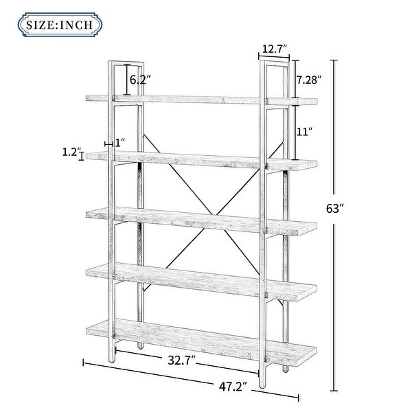 5-tier Bookcase with Wood and Metal Frame， Large Open Bookshelf for