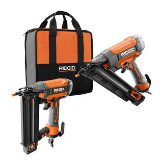 RIDGID Pneumatic 18-Gauge 2-18 in. Brad Nailer with CLEAN DRIVE Technology with Angled Finish Nailer R213BNF-R250AFF