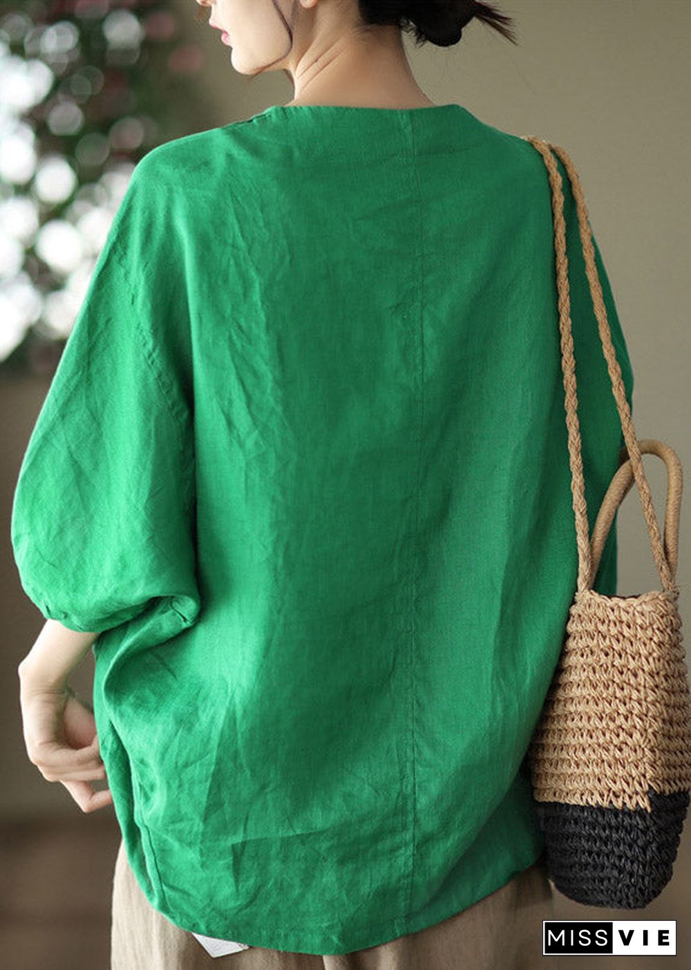 Modern Green V Neck Patchwork Button Linen Shirt Long Sleeve