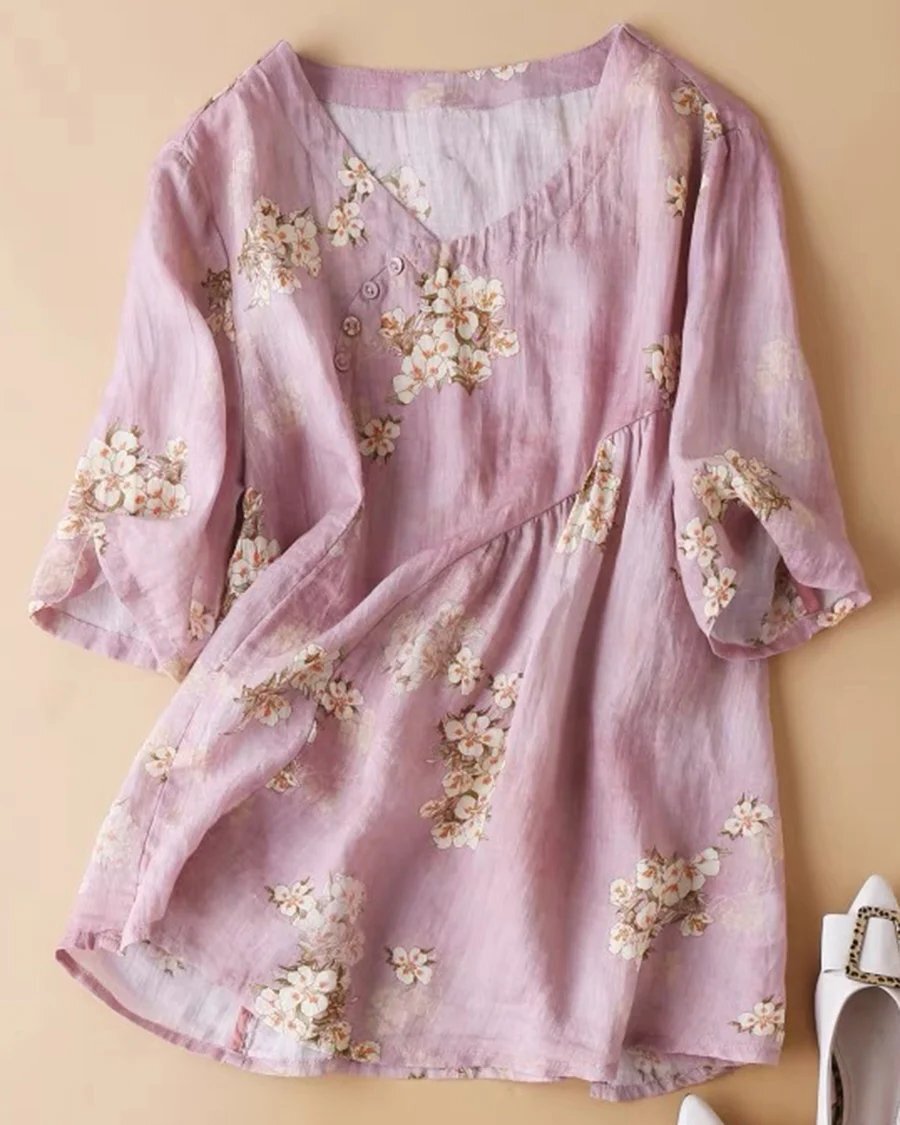 Cotton Linen Summer Fresh Printed Casual Top